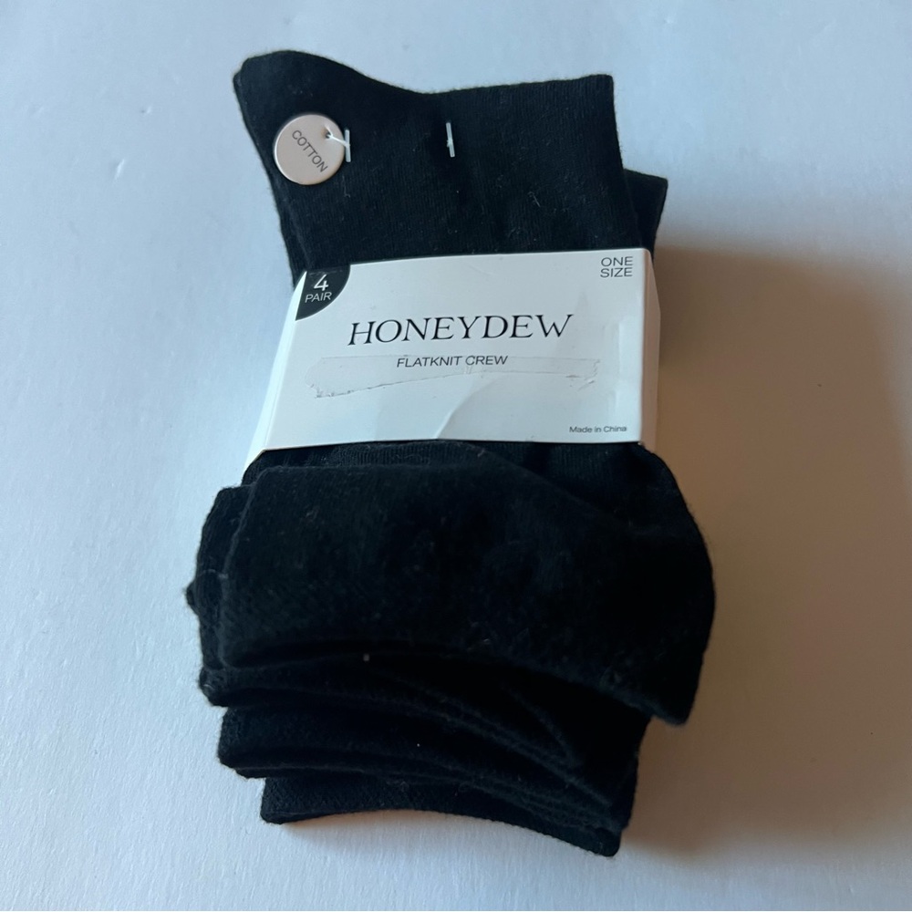 HONEYDEW WOMENS 4 PAIR PACK COTTON FLAT KNIT CREW SOCKS BLACK OS NWT
